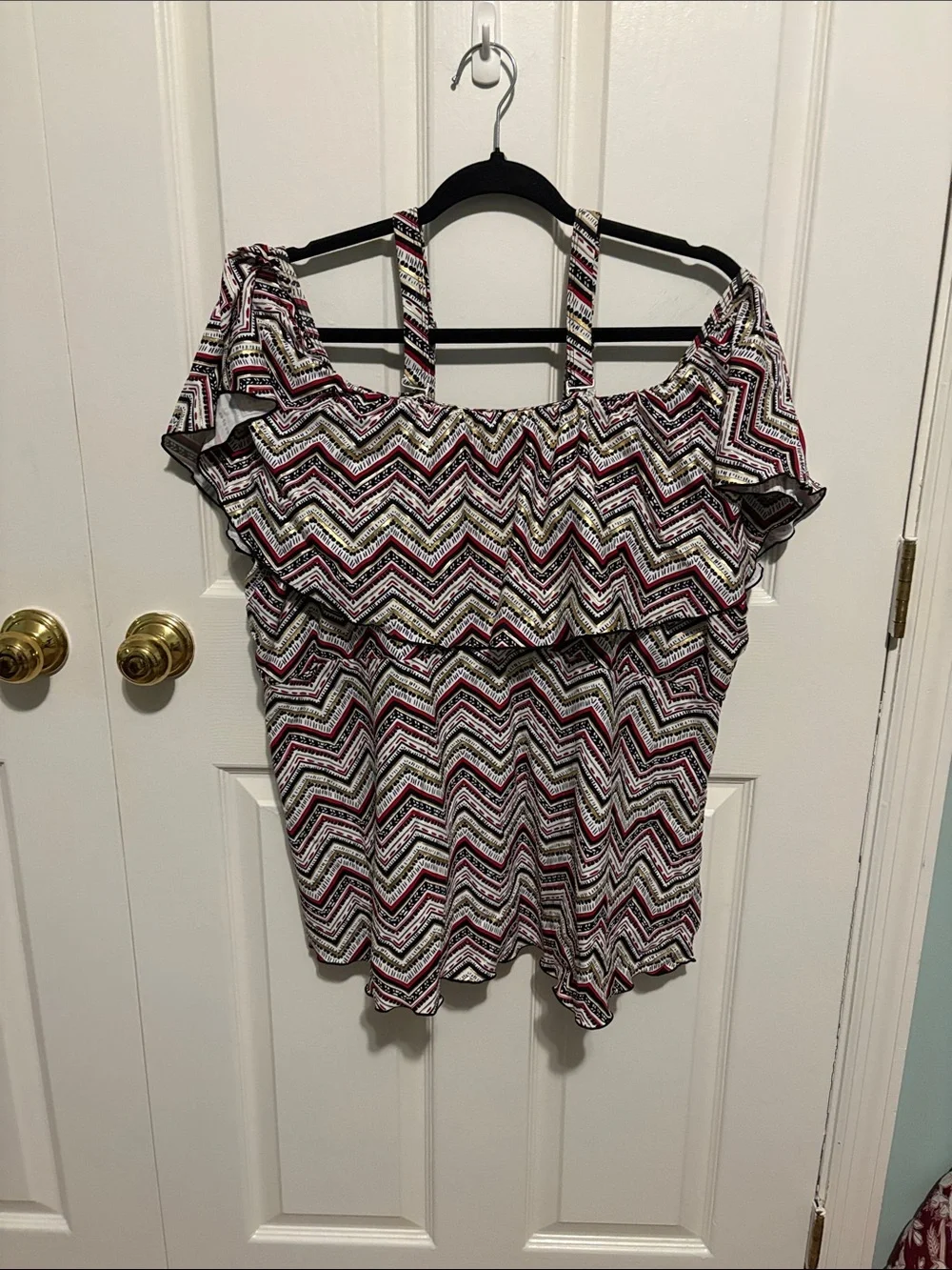 Swimsuits For All Chevron Off-Shoulder Swim Top in Black, White & Pink